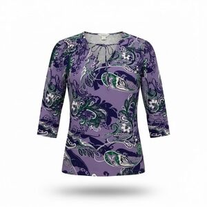 Liz Claiborne Purple Paisley Print 3/4 Sleeve Tie Neck Tunic Top Women's Large